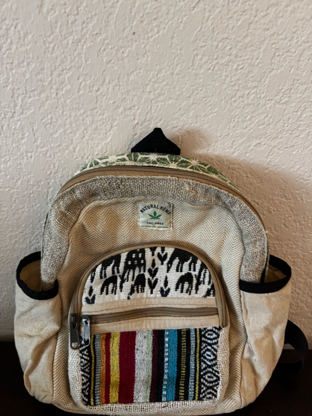 Natural Hemp Cream Multi-Color Patterned Mini Backpack